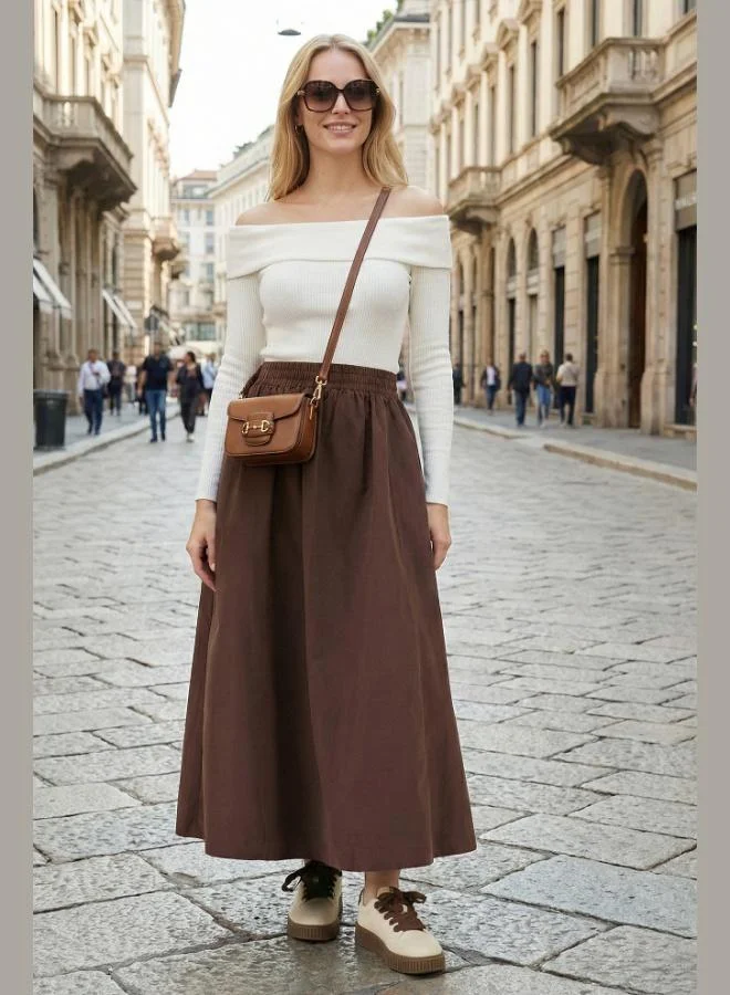 ليلا تنورة متوسطة الطول بخصر مطاطي بقصة عادية من مزيج القطن للنساء